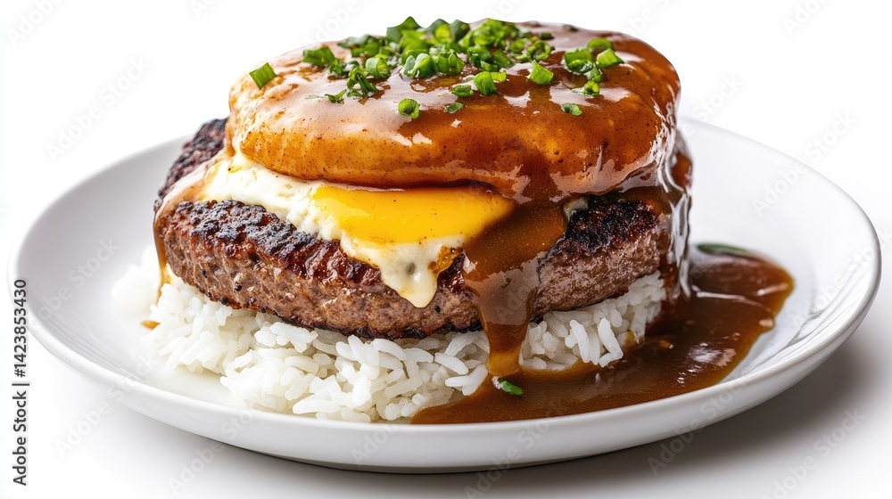 Juicy Hawaiian loco moco beef patty with rice and gravy on an ideal white background. Juicy Hawaiian loco moco beef patty with rice and gravy on an ideal white background.