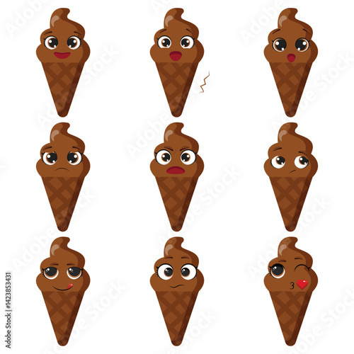 Nine chocolate ice cream cone characters with different expressions Happy, surprised, sad, worried, angry, silly, neutral, and flirty ice cream emoticons