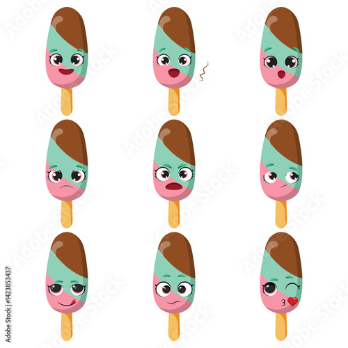 Nine strawberry mint chocolate popsicle characters with different expressions Happy, surprised, sad, worried, angry, silly, neutral, and flirty ice cream emoticons
