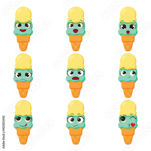 Nine pistachio ice cream cone characters with different expressions Happy, surprised, sad, worried, angry, silly, neutral, and flirty ice cream emoticons 