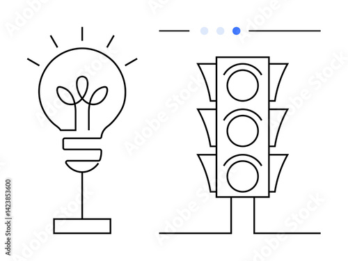 Lightbulb with radiant beam lines and traffic light with three empty circles. Ideal for innovation, decision-making, brainstorming, progress, creativity, guidance, and a simple landing page