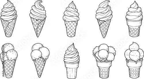 Vector hand-drawn ice cream cones with soft serve swirls in various orientations for design and illustration projects
