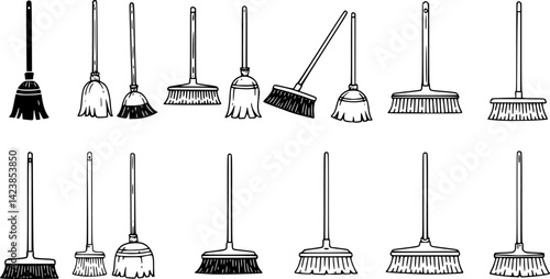 Collection of minimalist line icons representing various broom designs for cleaning tasks and household activities
