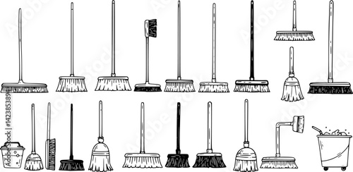 Collection of minimalist line icons representing various broom designs for cleaning tasks and household activities
