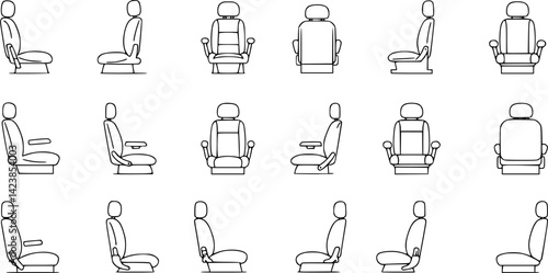 Modern vacuum cleaner in automobile, removing dust off upholstery seats in vehicle, car seat cleaning or washing service isolated outline icon
