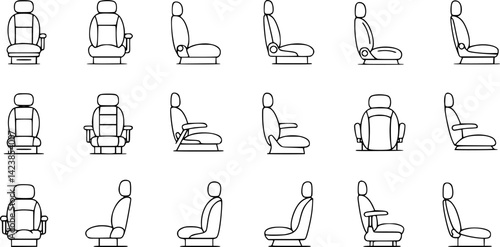 Modern vacuum cleaner in automobile, removing dust off upholstery seats in vehicle, car seat cleaning or washing service isolated outline icon
