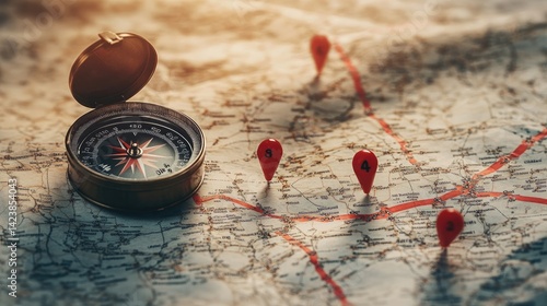 Road map with route highlighted in red, compass, and pins marking destinations