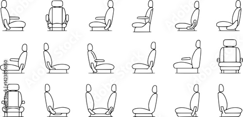 Modern vacuum cleaner in automobile, removing dust off upholstery seats in vehicle, car seat cleaning or washing service isolated outline icon
