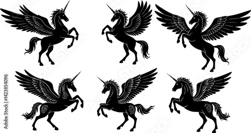 The mythological animal Pegasus, a winged flying horse from Greek myth, is commonly used as a heraldic design element in a coat of arms, typically illustrated in a vintage style and posed rampant as