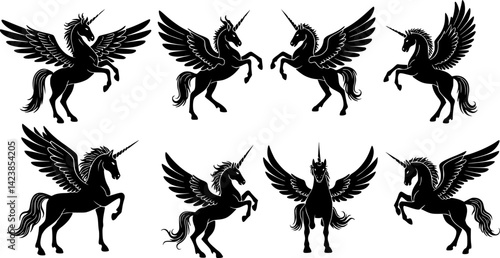 The mythological animal Pegasus, a winged flying horse from Greek myth, is commonly used as a heraldic design element in a coat of arms, typically illustrated in a vintage style and posed rampant as