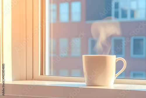 Steam rising from a warm drink in a white mug on a windowsill, bathed in sunlight, with a city view