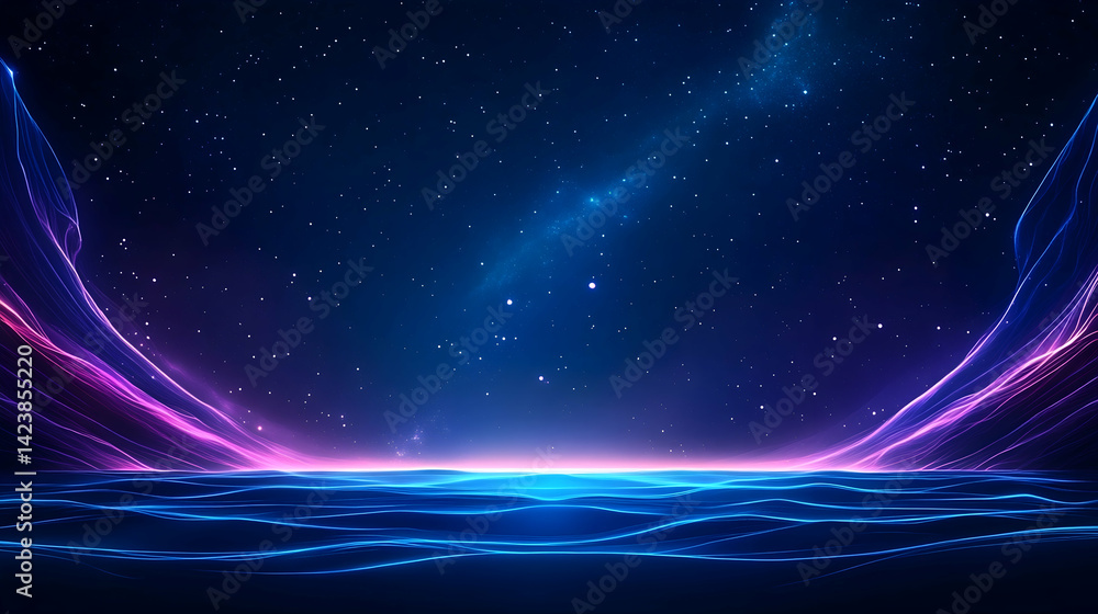 Obraz premium Abstract cosmic landscape with glowing neon lines and starry night sky