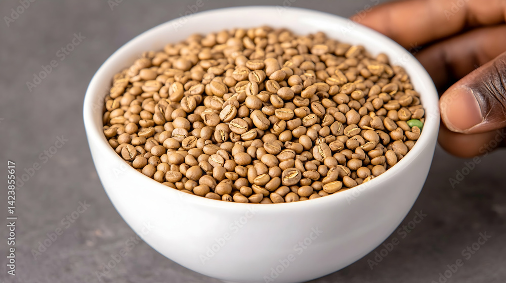 Unroasted coffee beans in a white bowl, held by a hand Unroasted coffee beans in a white bowl, held by a hand