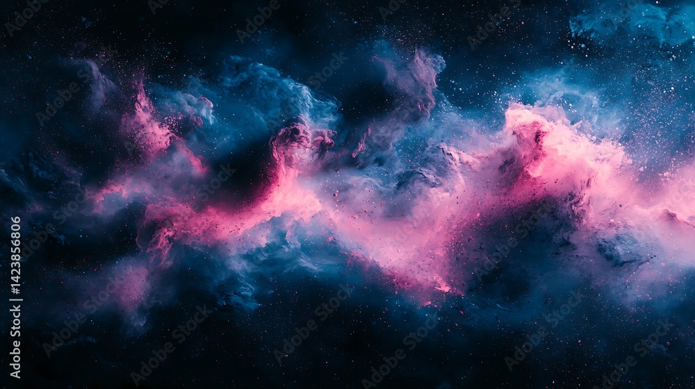 Cosmic nebulae swirl in vibrant hues of pink and blue, scattered with distant stars. A mesmerizing display of interstellar clouds against a dark backdrop Cosmic nebulae swirl in vibrant hues of pink and blue, scattered with distant stars. A mesmerizing display of interstellar clouds against a dark backdrop