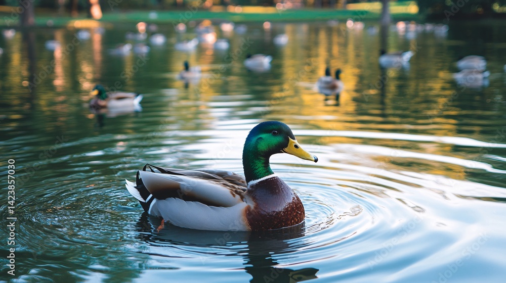 Obraz premium Male Mallard Duck Swimming Calmly on a Serene Pond in a Park
