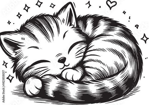 Cute Kitten Sleeping Curled Up in a Ball – Simple Line Art Style Black and White Vector
