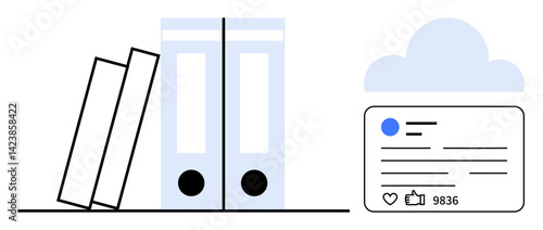 Stack of books, binders, cloud icon, and social media post with thumbs ups highlight themes of document storage, cloud computing, and digital engagement. Ideal for work, education, tech content