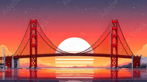 Golden gate bridge sunset illustration san francisco digital art vibrant view