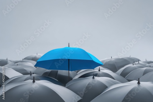 Blue umbrella on top of other gray umbrellas. Business and safety concept. MZ 