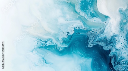 Abstract blue and white liquid pattern with swirls and bubbles. Fluid art background concept. Aquatic colors and organic forms for wallpaper or design.