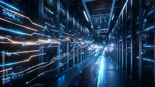 Wallpaper Mural AI supercomputer in a dark futuristic data center, glowing Torontodigital.ca