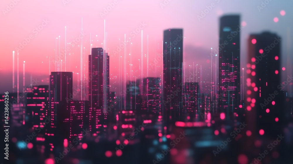 Glowing Holographic City Skyline with Futuristic Data Connections Glowing Holographic City Skyline with Futuristic Data Connections