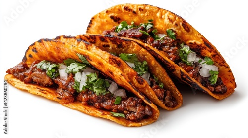 Spicy Mexican birria tacos with consommÃ© dipping sauce on an absolutely white background.