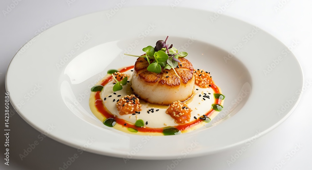 A scallop dish with creamy sauce and garnishes served on a white plate in a well lit environment A scallop dish with creamy sauce and garnishes served on a white plate in a well lit environment