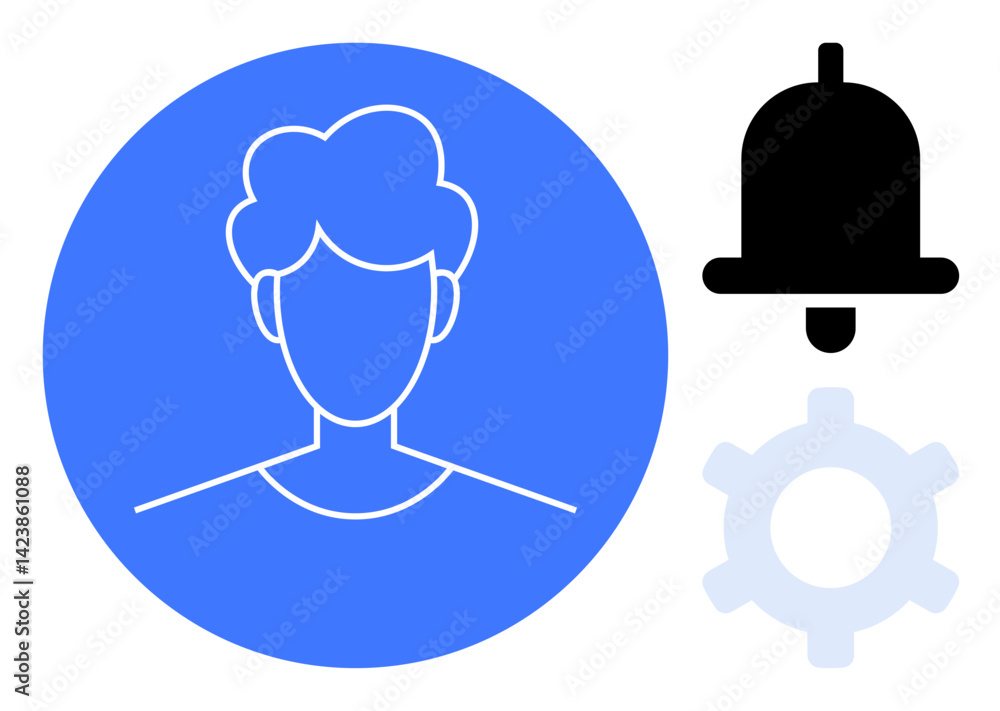 Minimalistic user profile symbol in blue circle alongside notification alert bell and gear icon. Ideal for user interface, personalization, settings, customization, notifications, user experience Minimalistic user profile symbol in blue circle alongside notification alert bell and gear icon. Ideal for user interface, personalization, settings, customization, notifications, user experience