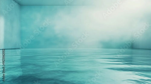 Empty modern room immersed in calm blue water. Minimalist space interior with futuristic tranquil water reflection on the floor and plain wall.