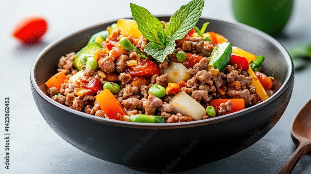 Spicy Thai larb salad with minced meat and mint on an ideal white background. Spicy Thai larb salad with minced meat and mint on an ideal white background.