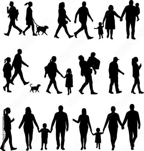 Black silhouettes of families in walk, vector
