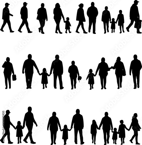Black silhouettes of families in walk, vector
