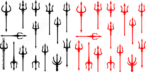 Set of black silhouettes of trident on a white background
