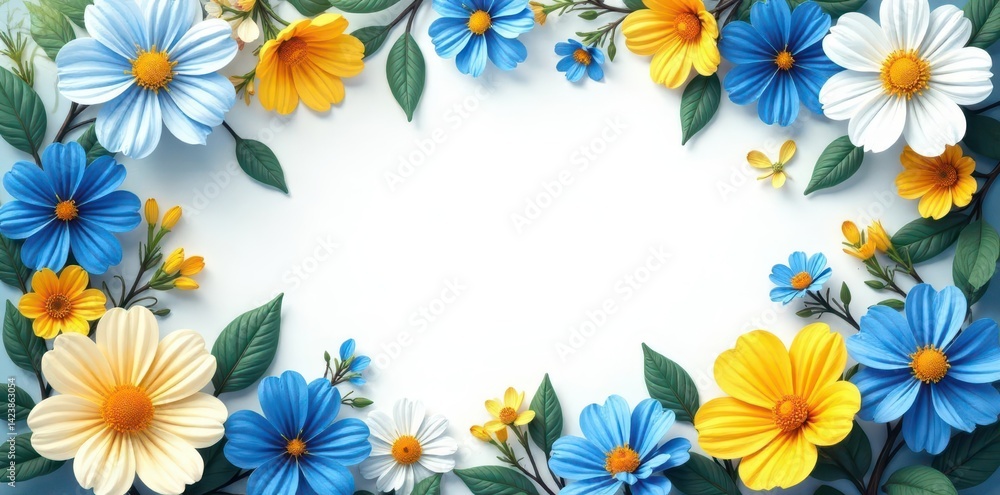 Intricate blue and white flowers frame sunny yellow centerpiece, close-up, wallpaper Intricate blue and white flowers frame sunny yellow centerpiece, close-up, wallpaper