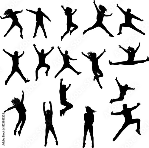 Silhouettes of people jumping and flying on a white background
