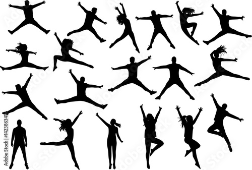 Silhouettes of people jumping and flying on a white background
