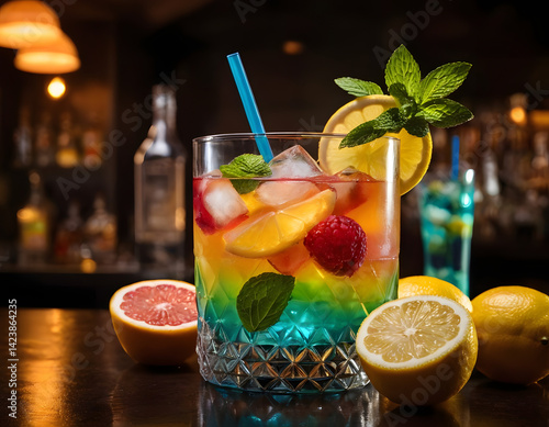 multicolor cocktail drink with strawberry, citrus and mint, summer beverage with ice