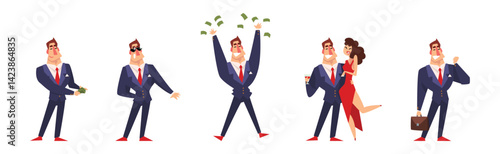 Successful Business Man Character in Formal Suit Vector Set