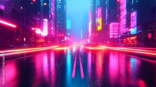 Vibrant Neon-Lit Urban Street with Blurred Motion and Glowing Lights