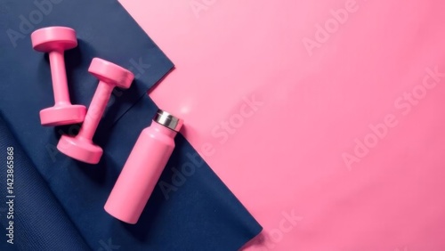 pink fitness dumbbells and a water bottle resting on a rolled blue yoga mat against a soft pink background in flat lay composition, concept of workout, lifestyle, fitness accessories