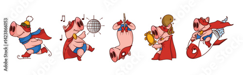 Funny Pink Pig Character in Red Cape Engaged in Different Activity Vector Set