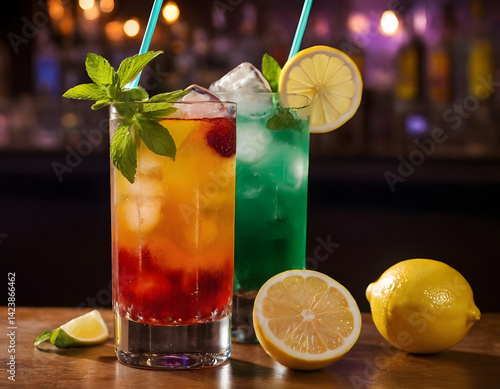 Refreshing multicolor beverage with citrus, ice and mint, summer drink with lime