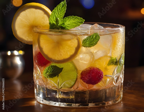 lemonade with mint , club party with refreshing drinks, drink with  mint, lemon , ice and berry