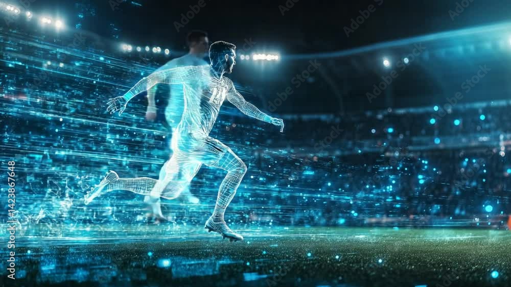 Digital Football Player Running with Visual Effects at Stadium, High-Tech Sports Innovation