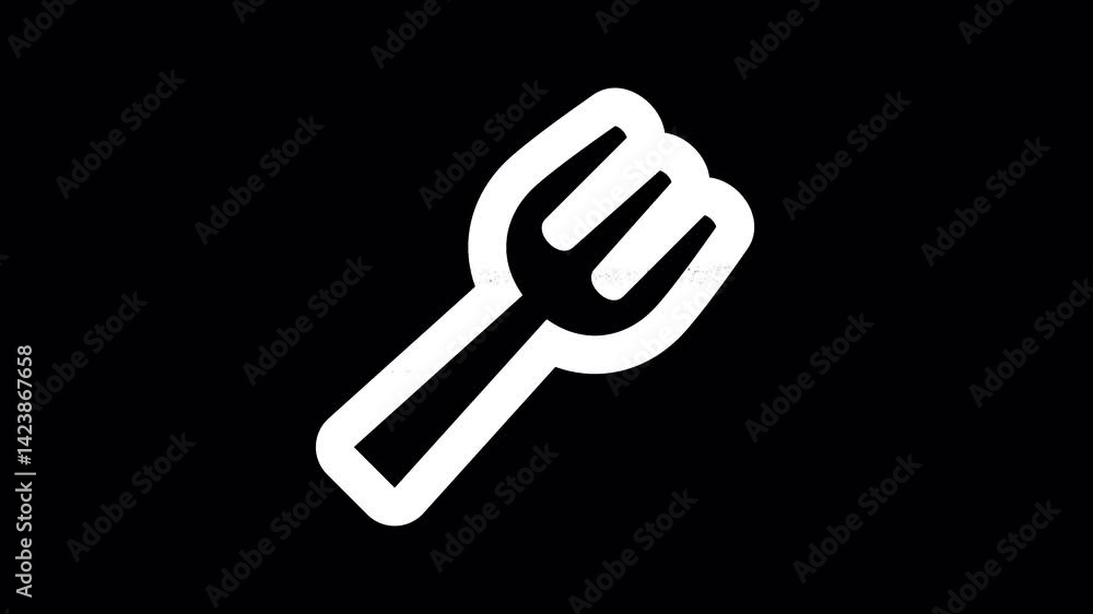 Icon utensil fork is distorted. Glitch. Noise, chromatic aberration, geometric distortion. Transparent background, looped. In-Out looped. Alpha BW at the end