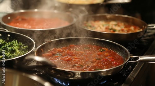 a stovetop with several cooking pots and pans, some with simmering sauces, others with frying vegetables, highlighting the art of cooking at home