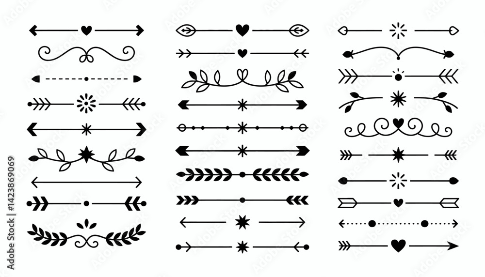 Vector set of decorative border lines, dividers, and vintage floral ornamental elements with swirl patterns for graphic illustrations and design embellishments
Vector set of decorative border lines, dividers, and vintage floral ornamental elements with swirl patterns for graphic illustrations and design embellishments