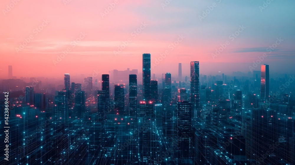 Obraz premium Futuristic Cityscape with Digital Network and Emerging Technologies Visualized