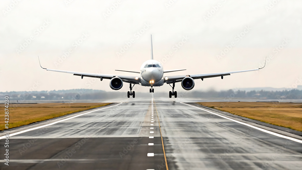 Fototapeta premium Airplane Landing on Runway Front View, White Background
